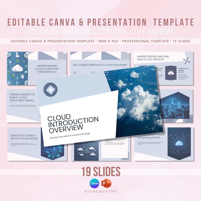 Peut inclure: Mod&egrave;le de pr&eacute;sentation num&eacute;rique intitul&eacute; "Cloud Introduction Overview" avec 19 diapositives. Le design pr&eacute;sente un fond rose clair et des graphiques li&eacute;s au cloud. Le texte comprend "Mod&egrave;le de pr&eacute;sentation Canva et modifiable".