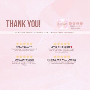 Peut inclure: Graphique rose et blanc avec les mots "THANK YOU!" en grandes lettres marron. L'image comprend des avis clients avec des phrases comme "Great Quality!" et "Loved the Design." Les r&eacute;seaux sociaux sont &eacute;galement affich&eacute;s.