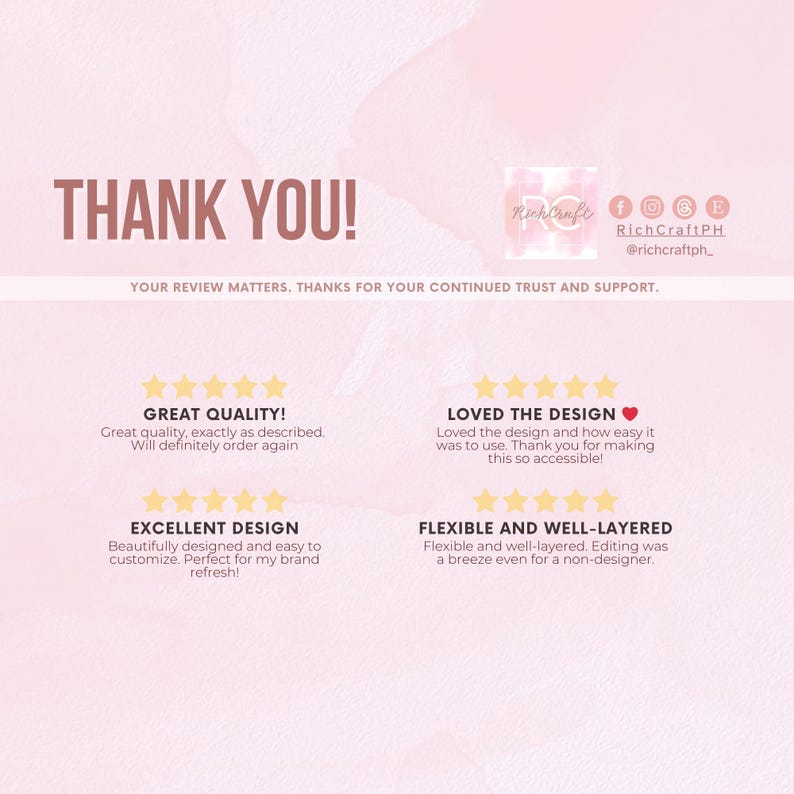 Peut inclure: Graphique rose et blanc avec les mots "THANK YOU!" en grandes lettres marron. L'image comprend des avis clients avec des phrases comme "Great Quality!" et "Loved the Design." Les r&eacute;seaux sociaux sont &eacute;galement affich&eacute;s.