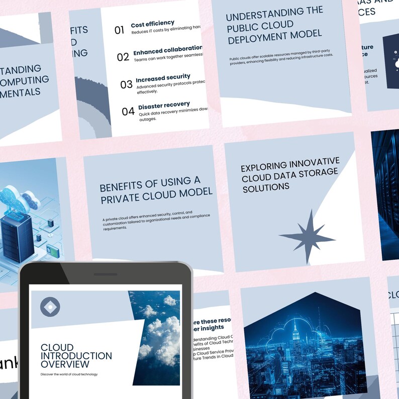 Peut inclure: Une tablette num&eacute;rique affiche une pr&eacute;sentation intitul&eacute;e &laquo; Cloud Introduction Overview &raquo; avec un design bleu et blanc. Autour de la tablette, plusieurs diapositives d'informations sur le cloud computing, y compris des sujets tels que la rentabilit&eacute; et la reprise apr&egrave;s sinistre.