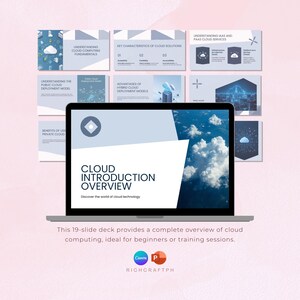 Peut inclure: Un ordinateur portable affiche une pr&eacute;sentation intitul&eacute;e "Cloud Introduction Overview". La pr&eacute;sentation aborde les bases de l'informatique en nuage et les mod&egrave;les de d&eacute;ploiement. Le design est bleu et blanc. D'autres diapositives sont visibles.