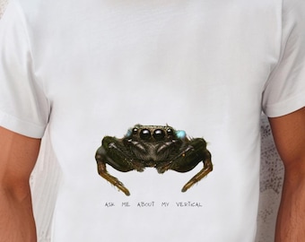 Fråga mig om min vertikala hoppande spindel-t-shirt, söt arachnid-t-shirt, unisex bomullströja, personlig hoppande spindelgrafik, spindelälskare