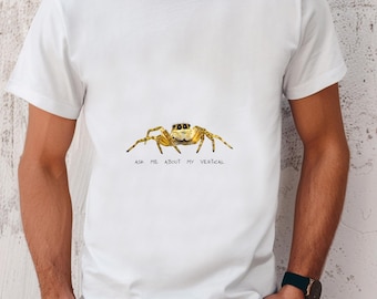 Fråga mig om min vertikala hoppande spindel-t-shirt, söt arachnid-t-shirt, unisex bomullströja, personlig hoppande spindelgrafik, spindelälskare