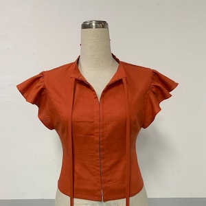 Rust Orange Ruffled Sleeve Fitted Blouse