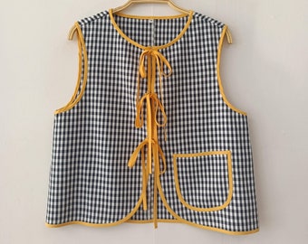 Navy blue gingham with yellow ties waistcoat