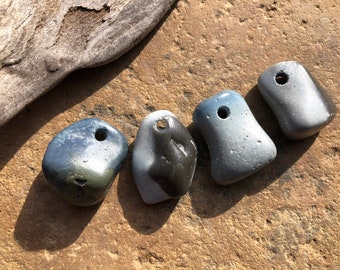 RUSTIC Light Blue SLAG Beach Stone Pendants ~ Drilled Beach Stones ~ 3mm