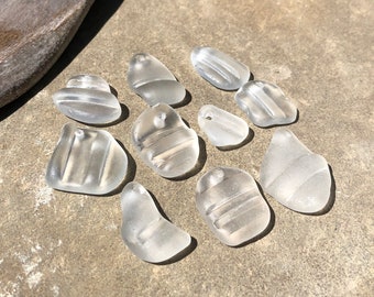 WHITE Beach Glass Pendant CHARMS Drilled Sea Glass Pendants Bottle Rims 2mm