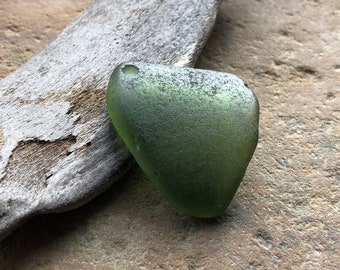 Genuine LARGE Beach Glass Pendant ~ Forest Green Sea Glass Shard ~ Top Drilled Beach Glass ~ Sea Glass Pendant 3mm