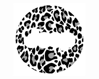 May include: A black and white leopard print circle with a white space in the center.