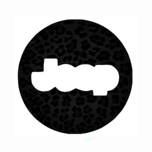 May include: Black and white circle with a leopard print pattern. The word "LOOP" is cut out of the center of the circle.