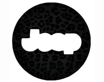 May include: Black and white circle with a leopard print pattern. The word "LOOP" is cut out of the center of the circle.