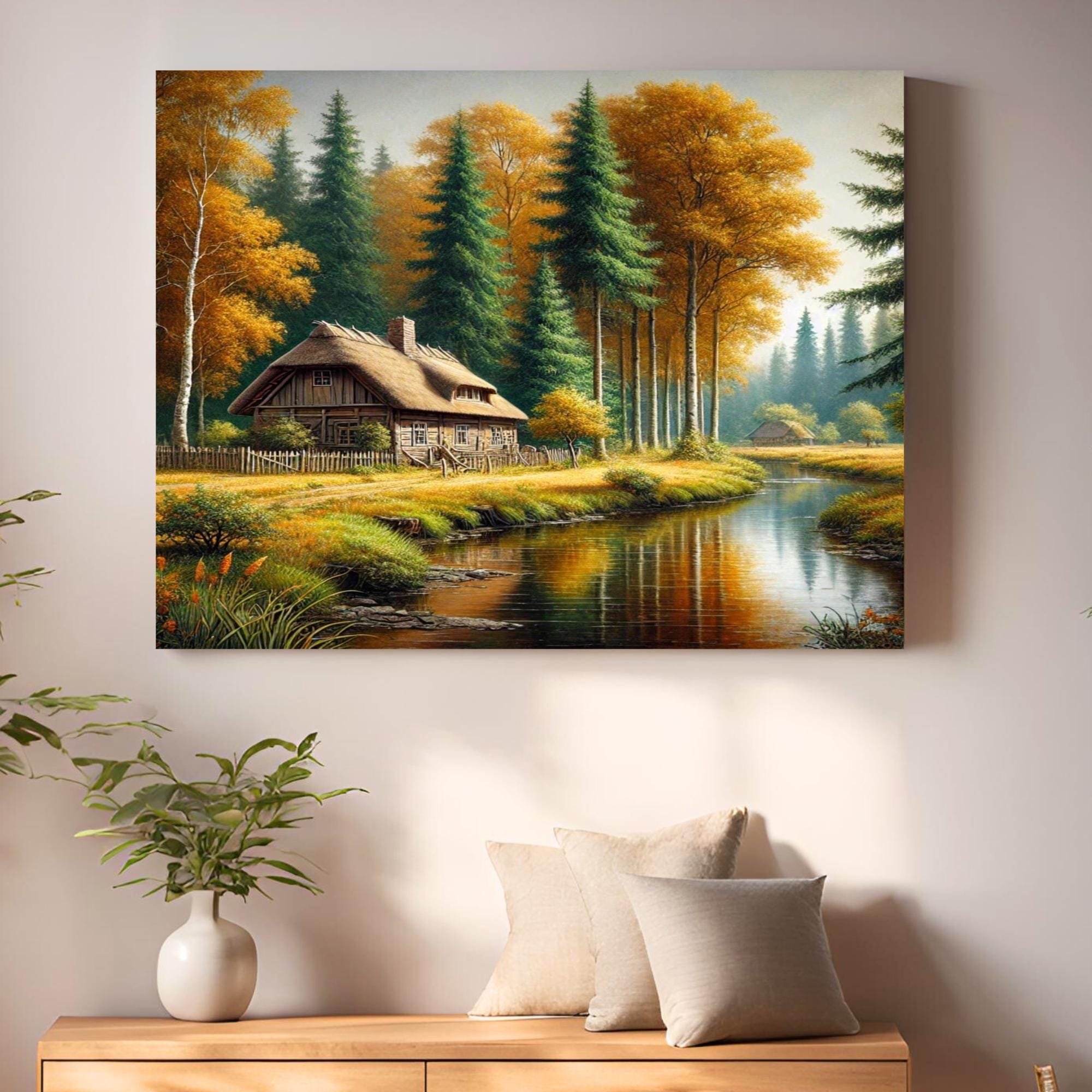 Charming Forest Cottage: Serene Autumn Landscape Painting Canvas Wall ...