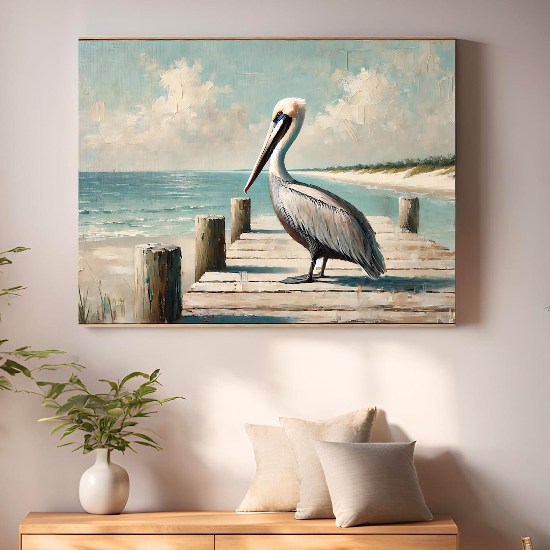 Pelican Dock Canvas Wall Art - Coastal Beach Scene Painting - Nautical ...