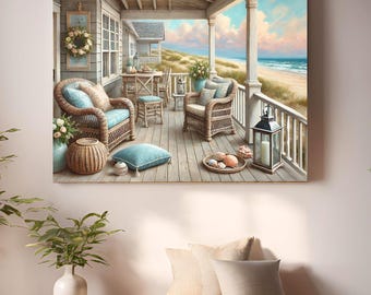 May include: A painting of a porch with wicker furniture and a view of the ocean. The porch has a white railing and a lantern hanging from the ceiling. The furniture is made of wicker and has blue cushions. There are seashells on the floor of the porch.