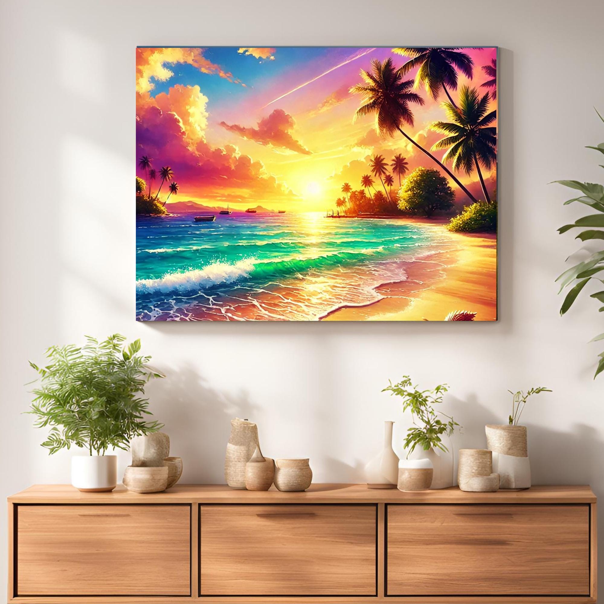 Vibrant Tropical Sunset Beach Art Print With Palm Trees, Ocean Waves ...