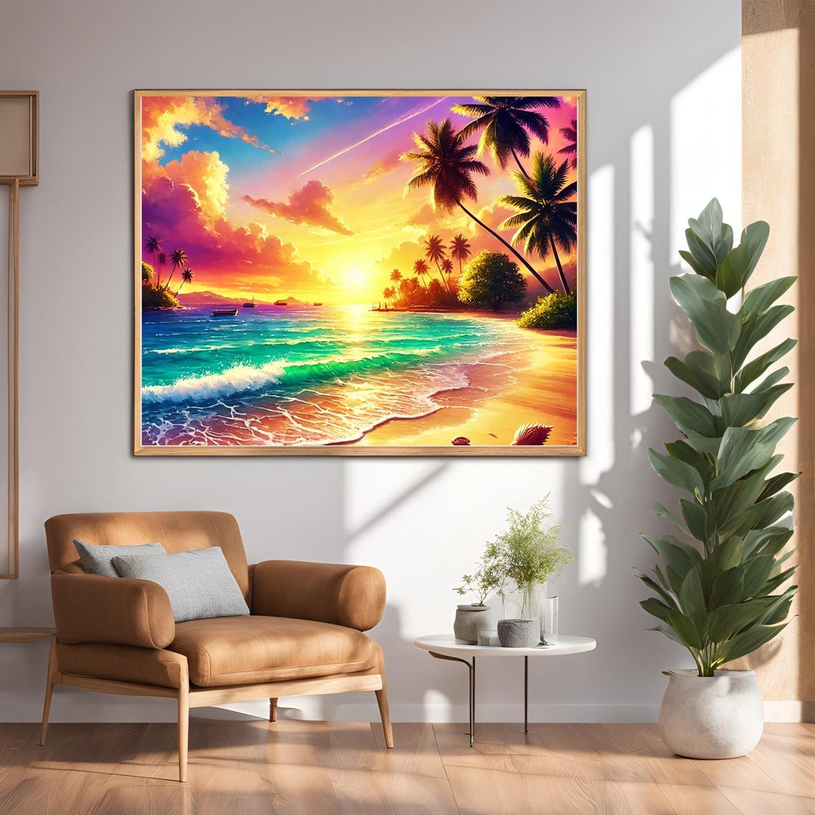 Vibrant Tropical Sunset Beach Art Print With Palm Trees, Ocean Waves ...