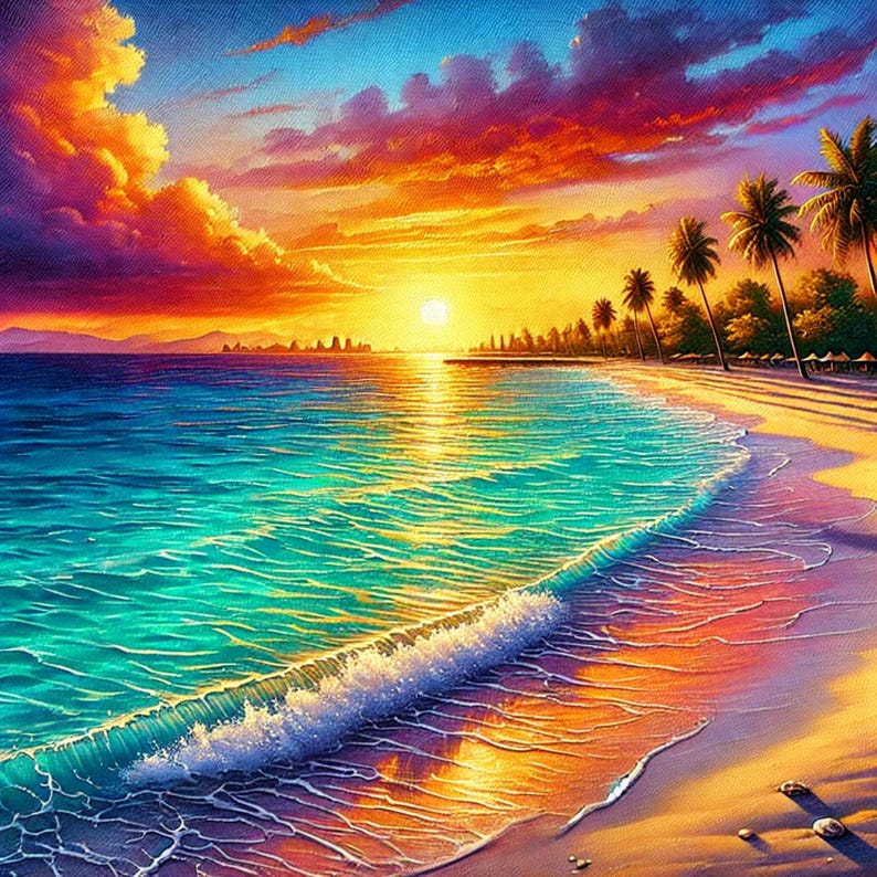 Golden Sunset Beach Scene With Palm Trees and Ocean Waves - Coastal ...