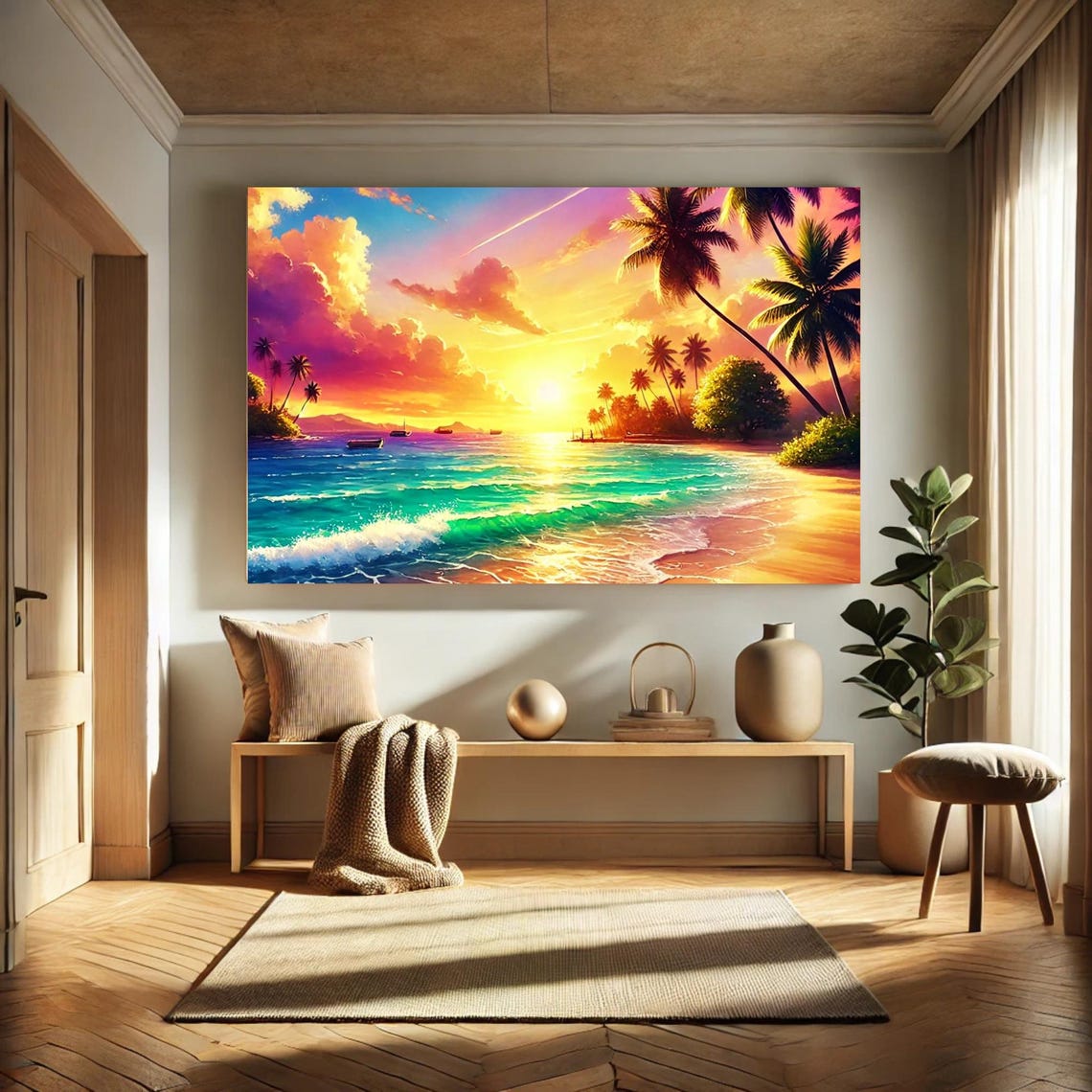 Vibrant Tropical Sunset Beach Art Print With Palm Trees, Ocean Waves ...