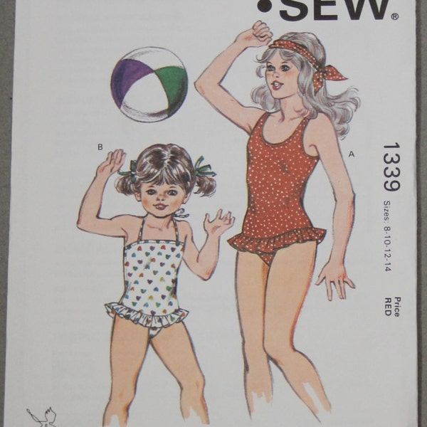 Vintage Kwik Sew 1339 Girls One piece Swimsuit Sewing Pattern Sz. 8, 10, 12, 14