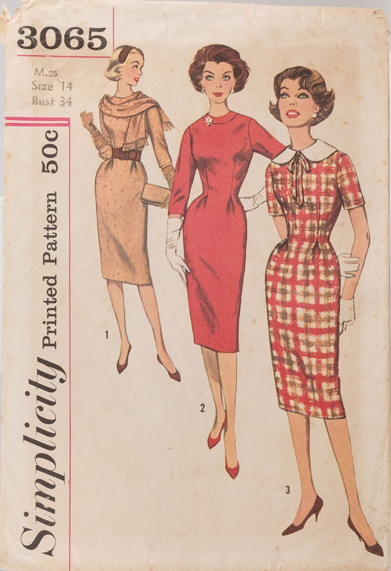 1959 Sheath Dress pattern Simplicity 3065 Includes scarf Bust Etsy