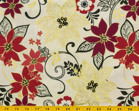 Christmas Fabric Cotton Off White Background Poinsettias Etsy