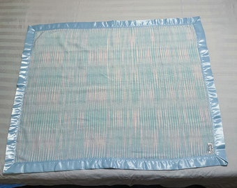 Blue and pink Baby Blanket, Handwoven baby blanket,  Blue Satin trim, Heirloom Baby Blanket