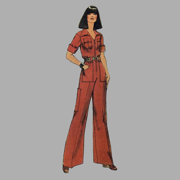 1975 Jumpsuit Pattern, Simplicity 7310, Bust 34 inches, Front zipper, Round neckline/collar, Long/short sleeves, Low pocket on legs Complete