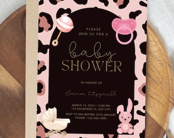 Invitación para baby shower de guepardo rosa: Plantilla editable de Canva (descarga digital)