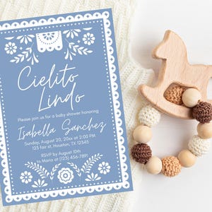 Invitación para baby shower de Cielito azul polvoriento, linda invitación de talavera azul, invitación para baby shower mexicano, papel picado, plantilla editable de Canva