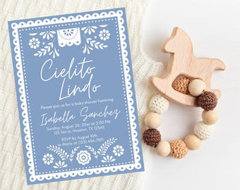 Dusty Blue Cielito lindo baby shower invitation blue talavera invitation Mexican baby shower papel picado invite editable Canva template