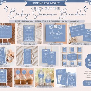 May include: A baby shower bundle with 12 items, including a due date calendar, thank you card, table numbers, diaper raffle, invite design, menu, favor tags, and welcome sign. The items are light blue with white text and decorative borders.
