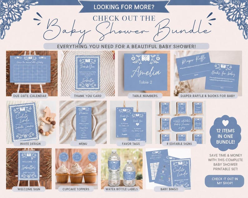 May include: A baby shower bundle with 12 items, including a due date calendar, thank you card, table numbers, diaper raffle, invite design, menu, favor tags, and welcome sign. The items are light blue with white text and decorative borders.