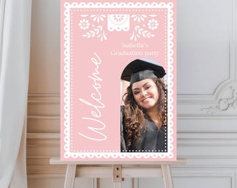 Pink Papel Picado Graduation Welcome Sign: Editable Canva Template