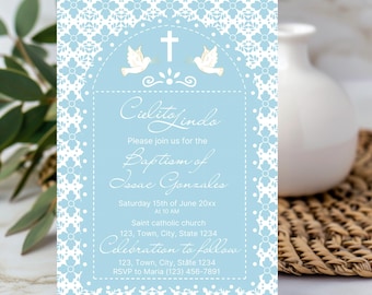 Light blue cielito lindo bautizo invitation,papel picado baptism, cielito lindo baptism decor, Mexican theme baptism,canva editable template