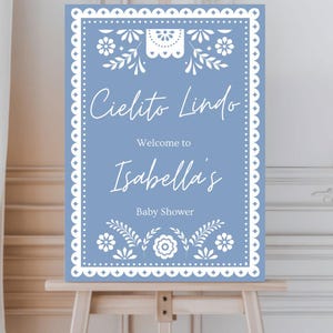 Dusty Blue Cielito lindo signo, cielito lindo baby shower signo de bienvenida, decoración de talavera azul papel picado, plantilla canva editable