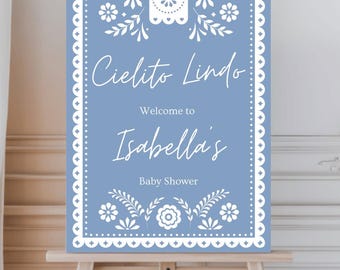 Dusty Blue Cielito lindo sign, cielito lindo baby shower welcome sign, papel picado blue talavera decor, editable canva template