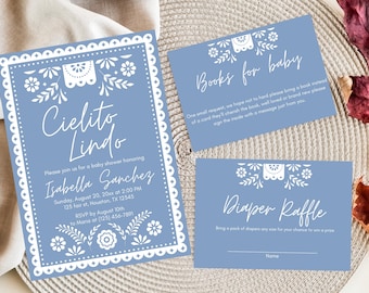 Dusty Blue Cielito lindo baby shower invitation bundle, blue talavera,papel picado invitation, diaper raffle,editable canva template