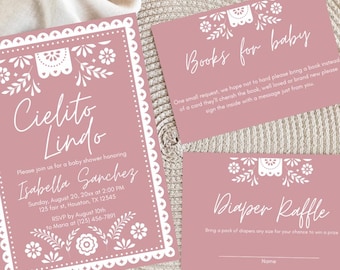 Pink Cielito lindo baby shower invitation Mexican baby shower  invitation diaper raffle & books for baby digital  editable canva template