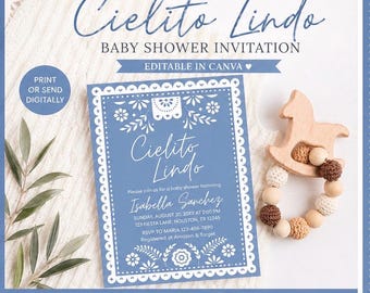 Editable Baby Shower Invitation Template | Dusty Blue Cielito Lindo Invite | Mexican Baby Shower | Canva Template | Instant Download