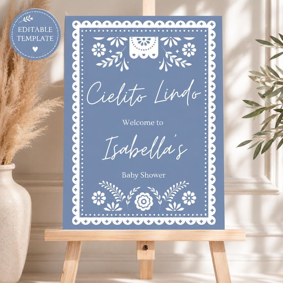 Dusty Blue Cielito Lindo Welcome Sign, Editable Baby Shower Sign Template, Mexican Fiesta Papel Picado Decor, 26x36 Canva Download