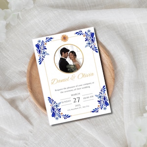 Talavera wedding invitation, Mexican talavera invitation, blue talavera wedding invite, Mexican wedding invitation, editable canva template