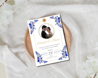 faire-part de mariage Talavera bleu | Faire-part de mariage design mexicain | Modèle de toile modifiable | Faire-part de mariage à imprimer bleu talavera