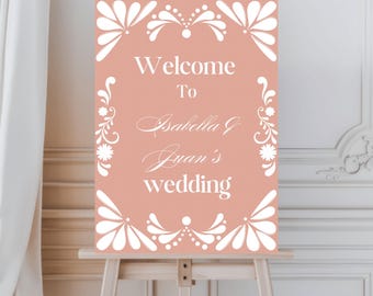 Cartel de bienvenida de boda de Papel Picado: Tema Talavera (Plantilla editable de Canva)