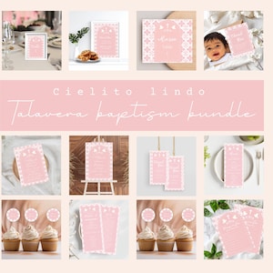 Könnte beinhalten: Ein digitales Druckpaket für eine Babytaufe. Das Paket enthält verschiedene Artikel wie Einladungen, Dankeskarten und Dekorationen. Die Artikel sind alle mit einem rosa-weißen Blumenmuster verziert. Der Text "Cielito lindo Talavera Baptism Bundle" wird auf einem rosa Hintergrund angezeigt.