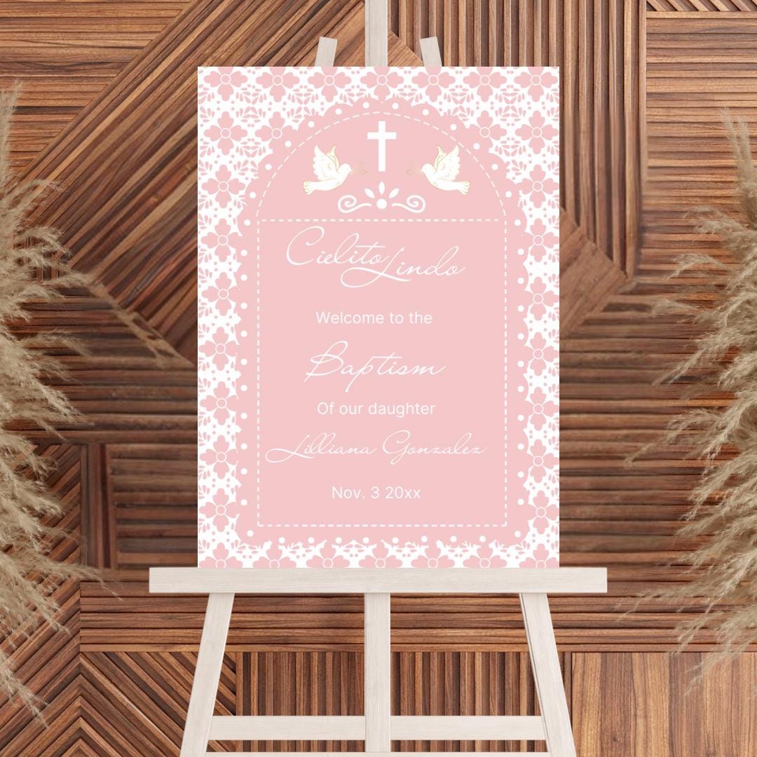 Blush pink cielito lindo welcome sign,baptism welcome sign, talavera welcome sign,bienvenidos baitizo, papel picado,editable canva template