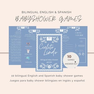 Lindos juegos para baby shower de Dusty Blue Cielito, juegos para baby shower bilingües, baby shower mexicano, descarga digital, plantilla de Canva editable