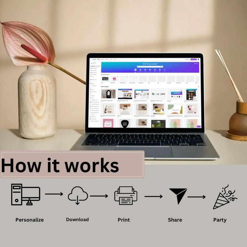 May include: A laptop computer screen shows a website with a grid of colorful designs. Below the laptop is a diagram showing how to personalize, download, print, share, and party with the designs.