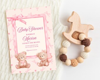 Invitación para baby shower con lazo rosa: Plantilla editable de Canva