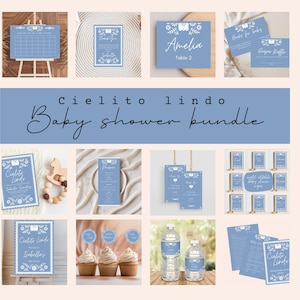Lindo paquete de decoración para baby shower de Cielito azul polvoriento, baby shower de talavera, papel picado, baby shower mexicano, plantilla editable de Canva