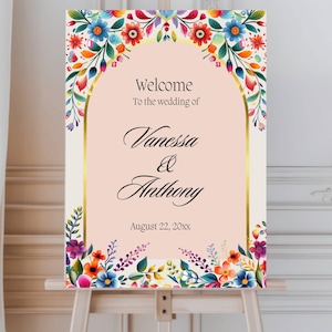 May include: Welcome to the wedding of Vanessa & Anthony, August 22, 20XX. A wedding sign with a floral border in shades of pink, red, yellow, blue, and green.